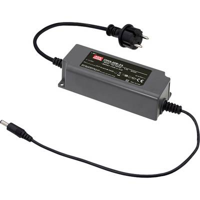 Black power supply with a mains cable and a plug on the left-hand side and an electrical connection on the right-hand side.
