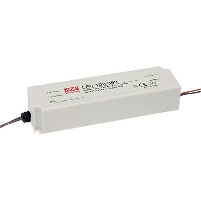 A rectangular power supply from Mean Well, model number LPC-100-350, for LED applications, with voltage and current specifications stated.