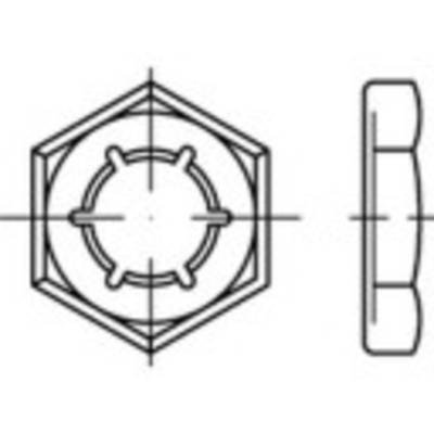 Technical drawing of a hexagonal nut with internal thread, shown from top view and side view.