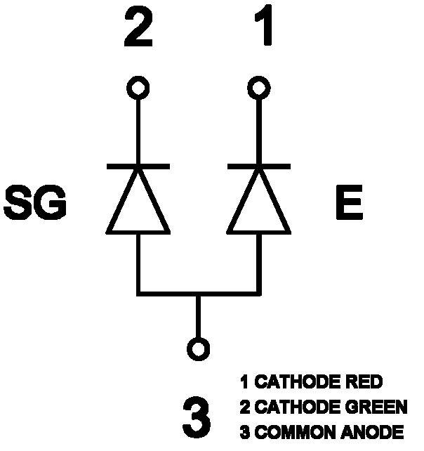 'Circuit diagram of a two-colour LED seal (SG) with two cathodes (Red and Green) and a common anode (3). On the right, symbol E is depicted.'