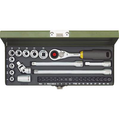 Ratchet set in green case with various sockets, extensions and ratchet; sizes listed above.
