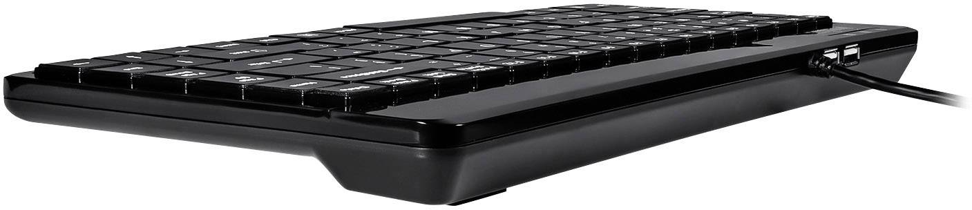 A black USB keyboard viewed from the side, designed flat and compact, with a connected cable on the right side.