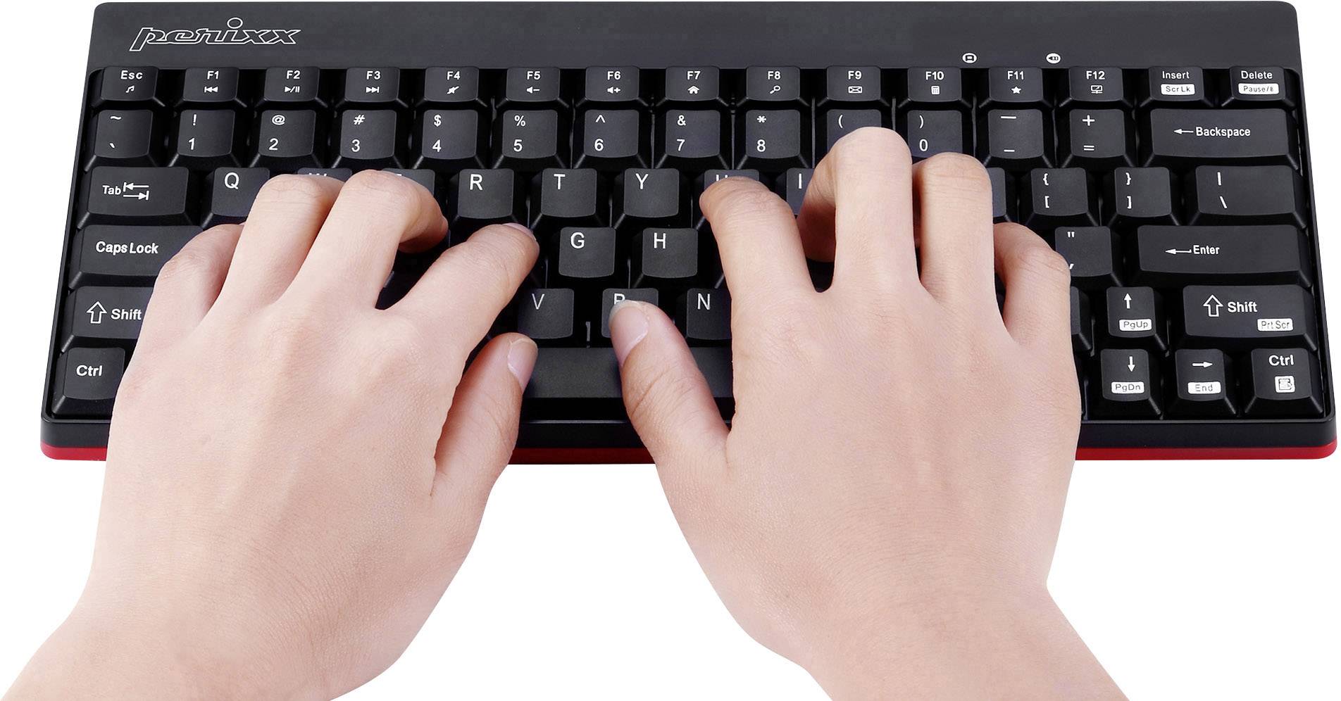 Two hands typing on a black keyboard.