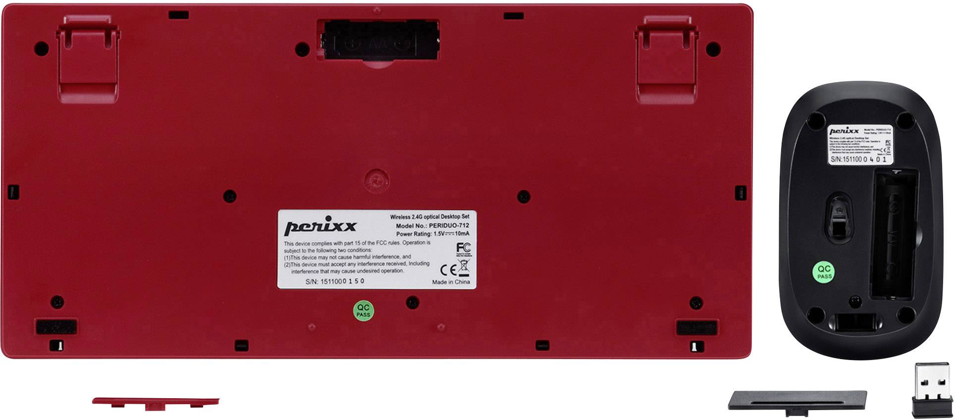 Back of a red keyboard with a removable battery compartment cover, USB receiver, and product identification information in the centre.