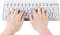 'Hands typing on a white computer keyboard with labelled keys. The keyboard is photographed from above, with hands performing typing movements.'