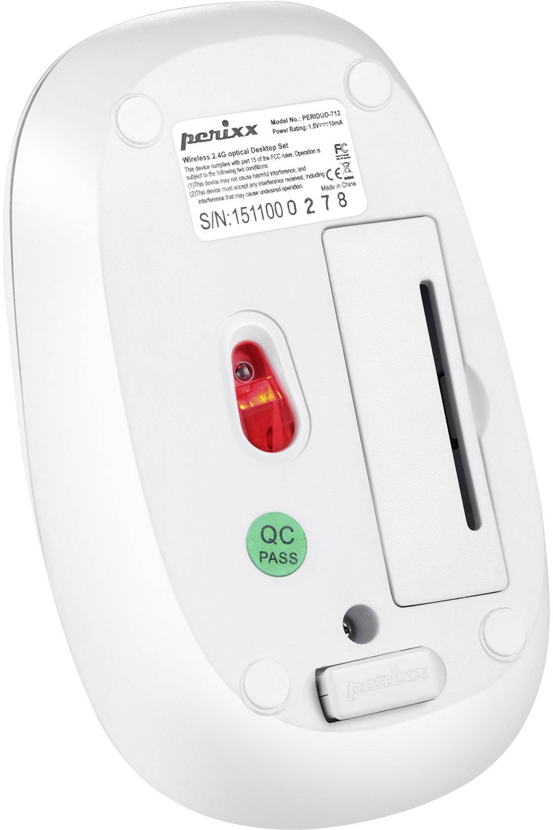 The underside of a white, wireless computer mouse with serial number and QC seal. Battery compartment and optical sensor visible.