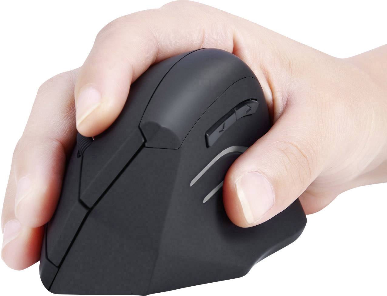 A hand is holding an ergonomic vertical mouse, designed for comfort during prolonged use.