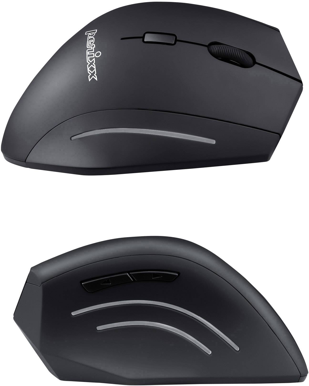 A black, ergonomically shaped computer mouse with two additional buttons on the side and a scroll wheel on top.