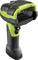 A robust, handheld barcode scanner with a green and black housing, suitable for use in industrial environments.