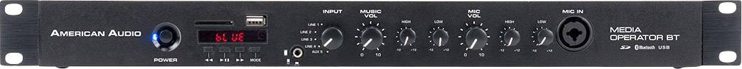 Device with labelling 'American Audio Media Operator BT', featuring multiple rotary knobs for volume control and audio input sockets.