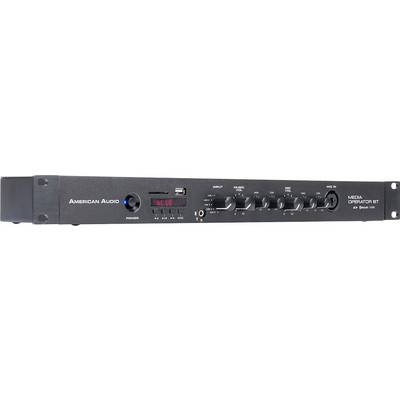 Black media device with controls and indicators. Left LED light, centre display and USB port, right rotary knobs and sockets.