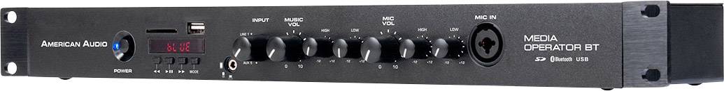 A black audio media device with multiple controls and a small display. Brand name 'American Audio'.