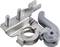 Metal fixing clamp with two screws and grey plastic lever, used for secure cable or pipe mounting.