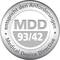 This image shows a circular seal with the inscription 'complies with MDD 93/42 Medical Device Directive'.