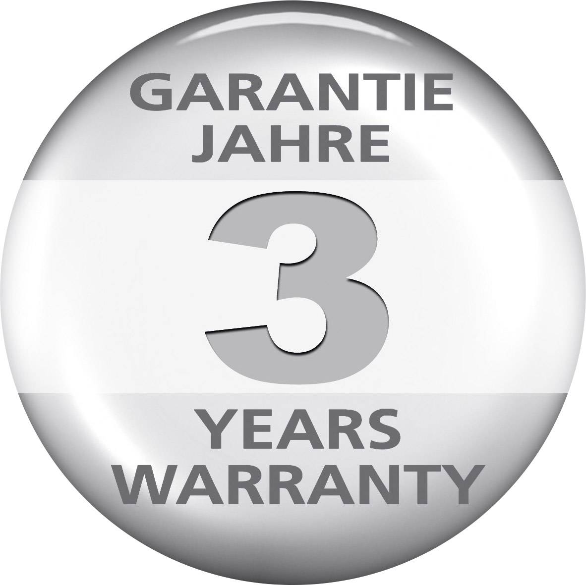 "3 Years Guarantee" in English and German on a circular, silver badge.
