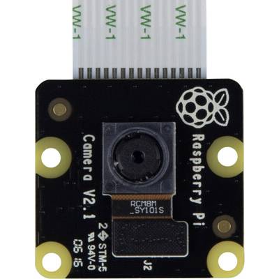 Camera circuit board with lens and Raspberry Pi logo, labelled 'Camera V2.1'. Connected via white cables.