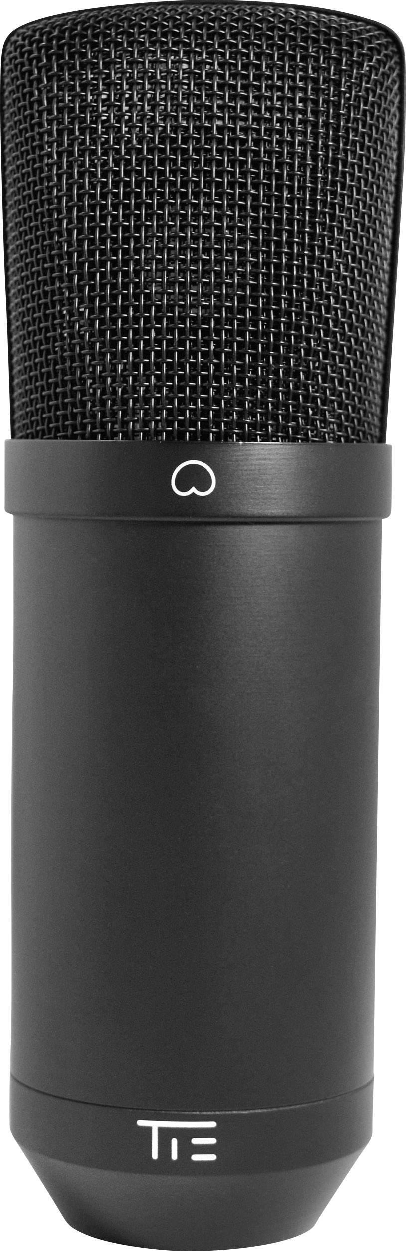 Black condenser microphone with mesh capsule and manufacturer logo at the bottom. Ideal for vocal and instrumental recordings.