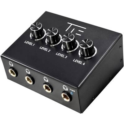 A black audio amplifier with four rotary knobs for 'Level 1' to 'Level 4' and four headphone sockets on the front panel.
