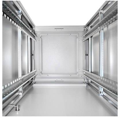 Interior view of an empty, metallic server rack with rails along the side walls.