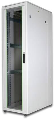 White server rack cabinet with transparent front doors, suitable for storing network devices and servers in data centres.