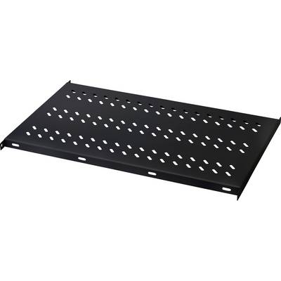 Black metal plate with rectangular ventilation holes, suitable for technical applications or as a shelf in racks.