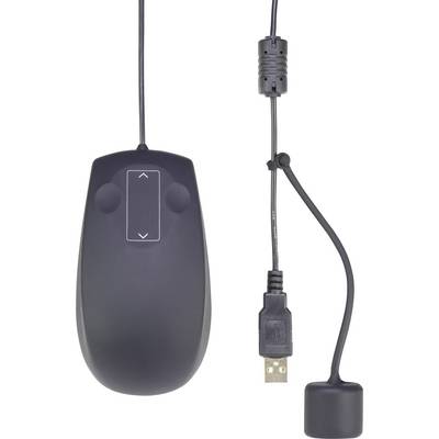 A black computer mouse with a USB connection and cable. The mouse has a touchpad with up and down arrows.
