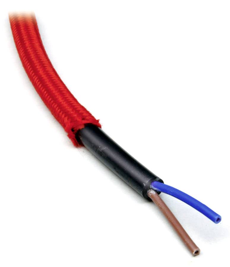 Red, insulated electrical cable with exposed blue and brown wire ends, isolated, on a white background.