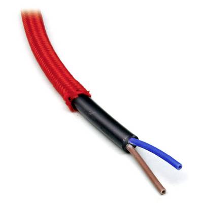 Red, insulated electrical cable with exposed blue and brown wire ends, isolated, on a white background.