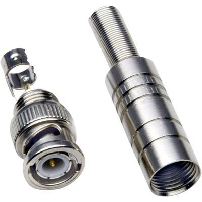 Two metal components: on the left a coaxial plug, on the right a cylindrical adapter. Both made of shiny metal.