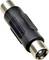 Black coaxial cable adaptor with metal connectors at both ends, used for connecting coaxial cables in audio and video systems.