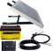 Solar panel kit consisting of a solar panel on a mounting bracket, a yellow battery, a charge controller, and connecting cables.