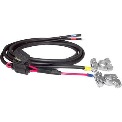 A set of battery cables with connector plugs and two metal clamps, connected by insulated cables in black and red.