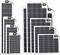 Various solar panel sizes are arranged side by side. Each panel has a small black cable at the top.