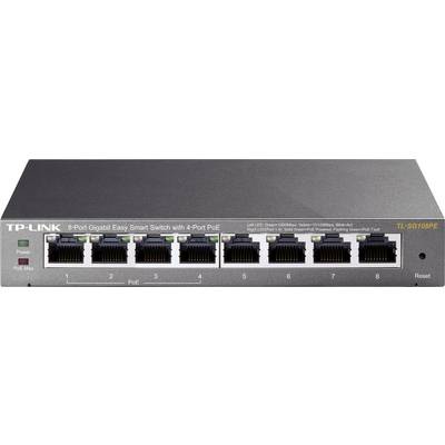 A TP-Link 8-Port Gigabit Smart Switch with 4 PoE Ports, Model TL-SG108PE. Designed for networks, LEDs indicate status.