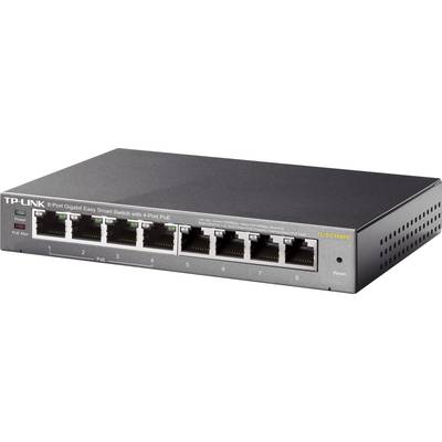 'TP-Link 8-Port Gigabit Easy Smart Switch with 4 PoE Ports'. Displays eight Ethernet ports and power LEDs for network connections.