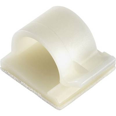 A white plastic cable clip with adhesive pads, used for securely fastening cables to surfaces.
