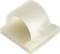 A white plastic cable clip with adhesive pads, used for securely fastening cables to surfaces.