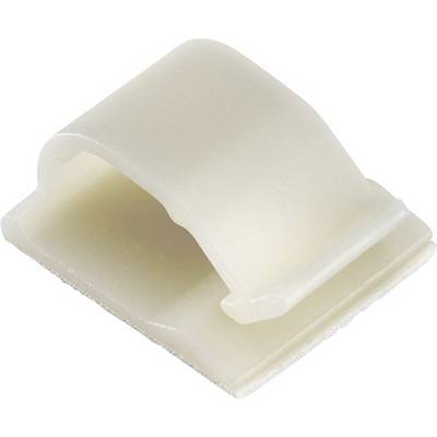 Plastic cable clip in beige, rectangular shape, suitable for securing cables on flat surfaces.