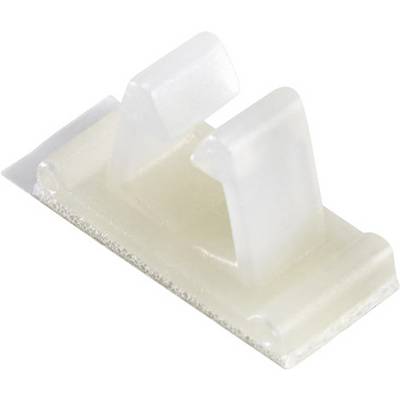 A transparent plastic cable clip with two arches for securing cables. Ideal for organising cables on smooth surfaces.