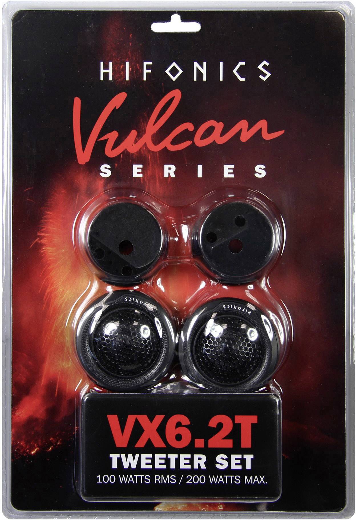 'Vulcan Series' Hifonics Loudspeaker Set, Model VX6.2T. Contains two tweeters, 100 Watts RMS, 200 Watts maximum power. Packaged in blister packaging.