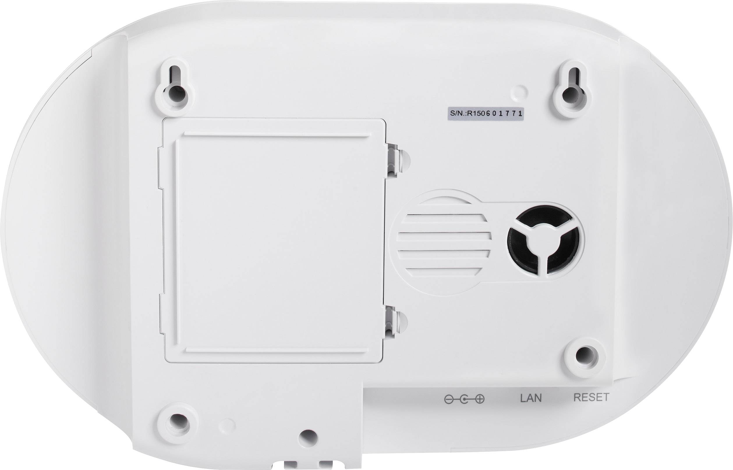 Back of an electronic device with Ethernet and reset ports, screw holes, and a cover for internal components.