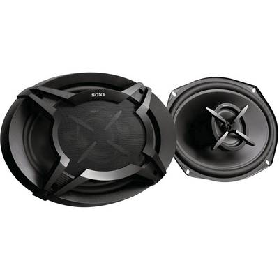 'Two black Sony speakers, one oval and one round, with a black and silver design, perfect for high-quality sound in the car.'