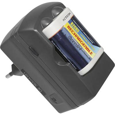 A battery charger with an inserted AA battery pack, ready for charging. The device has an integrated European plug.