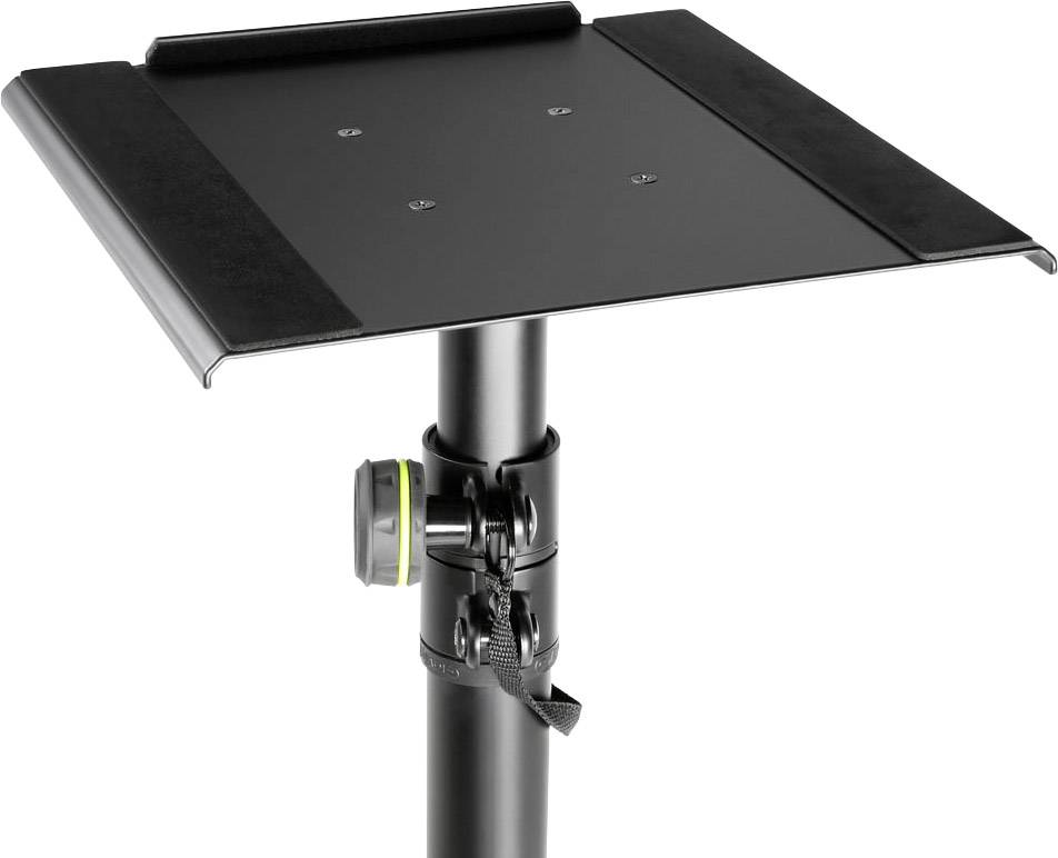 Stable metal platform on height-adjustable stand with locking mechanism, suitable for laptops or projectors.