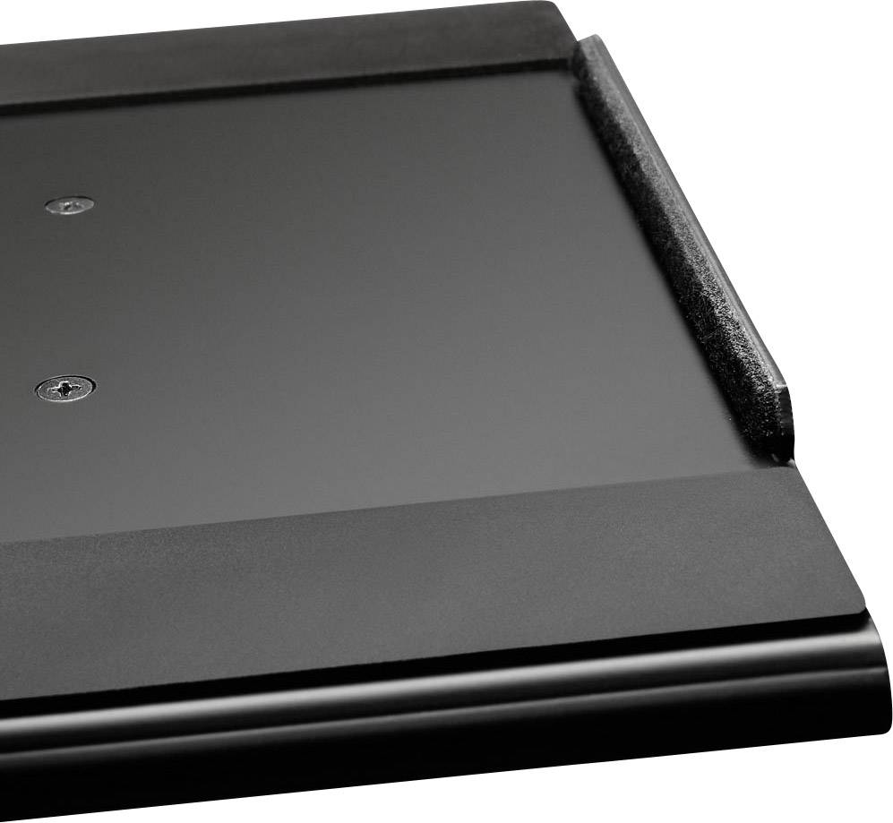 A black, rectangular board with a raised edge on one side, possibly a tray or shelf board.