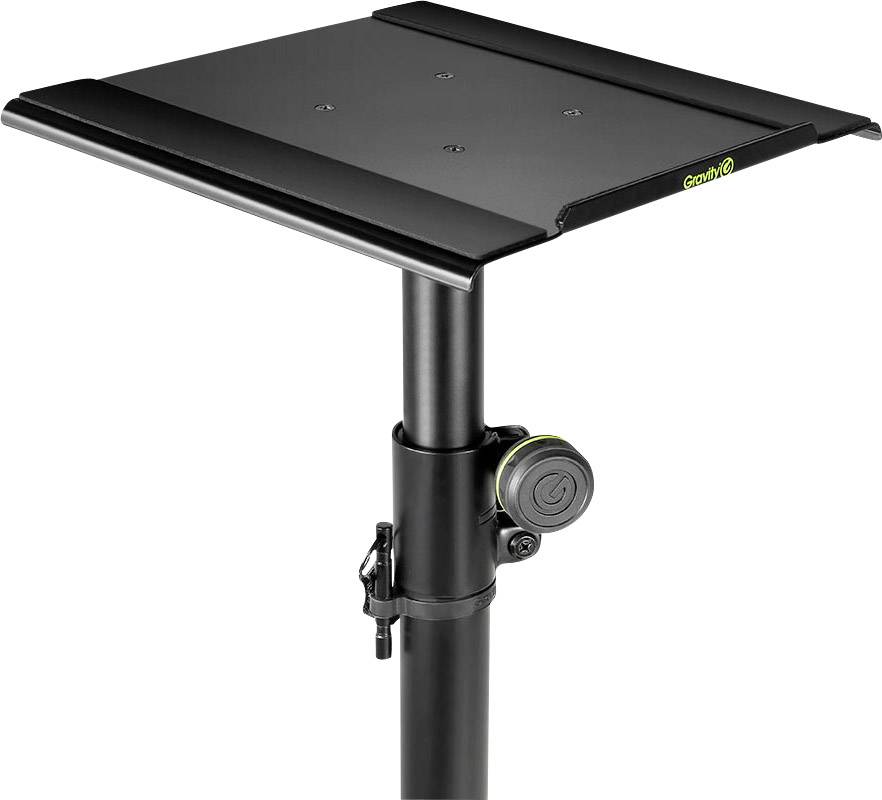 Black speaker stand with adjustable height and non-slip surface for secure placement of audio equipment.
