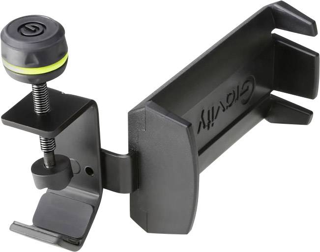 Smartphone mount for attaching to surfaces, featuring an adjustable clamp and padded sides for secure grip.