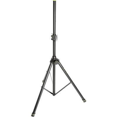 A black microphone stand with adjustable legs and a longitudinal pole stands in an upright position against a white background.