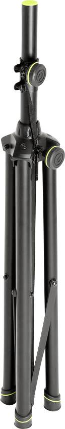 Black three-legged tripod with yellow accents, folded, shows details of adjustment wheels and locking mechanisms.