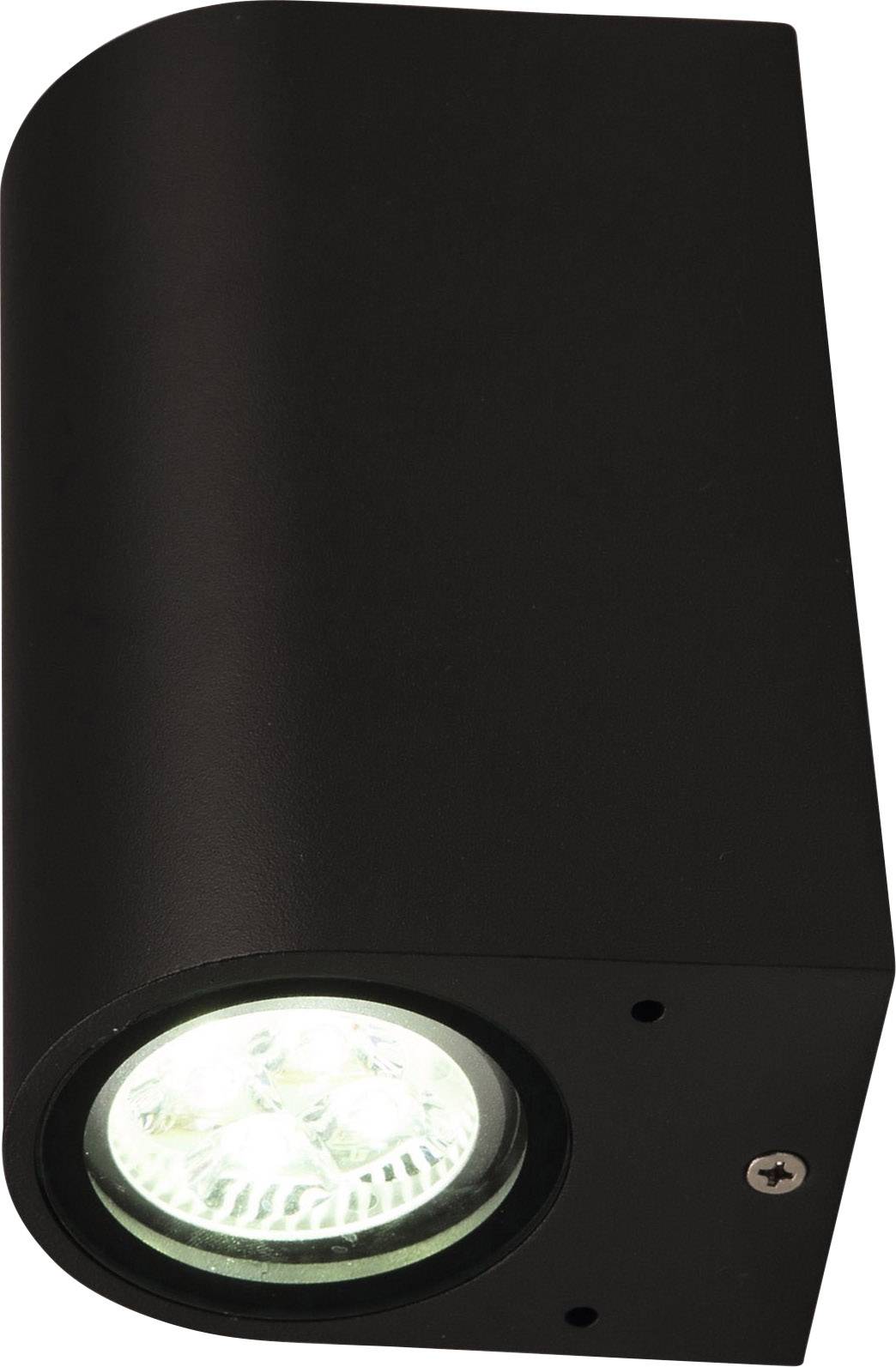 Black, cylindrical exterior wall light with luminous LED lamp, mounted as a wall fixture, for modern building illumination.
